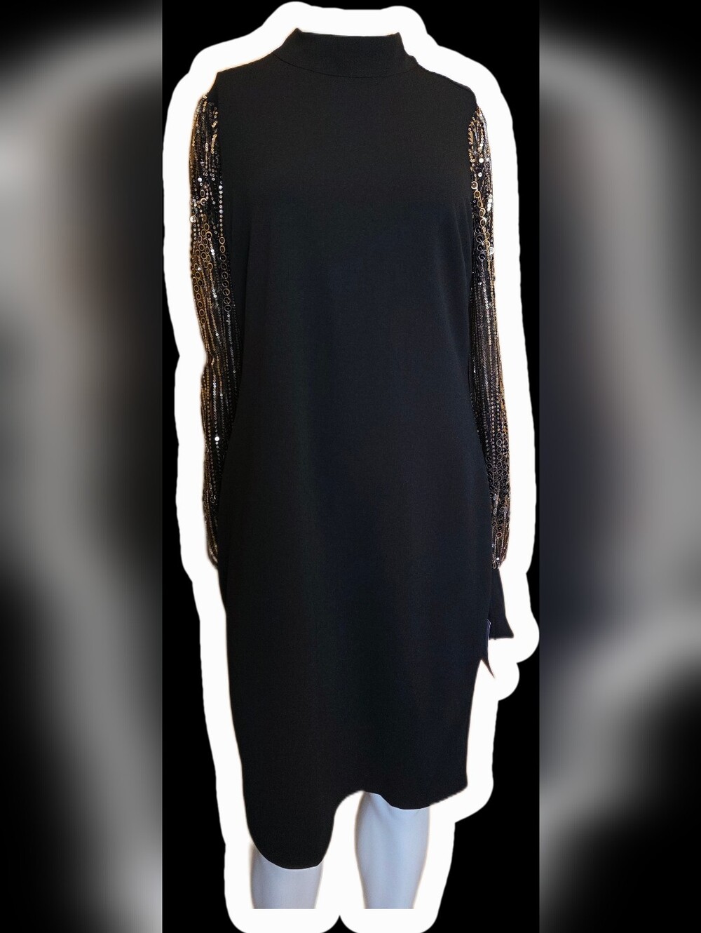 Le Chateau Black Dress with Gold Sequin Long Sleeves
